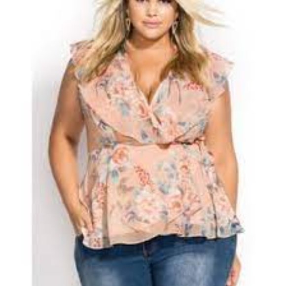 City Chic Tops - City Chic Plus Top Sz 18 Wrap Peach Floral 692